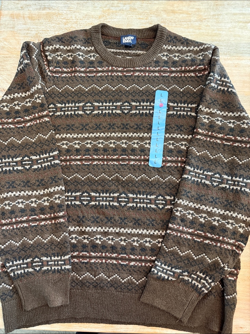 Lands' End Brown Patterned Crewneck Polyester Sweater